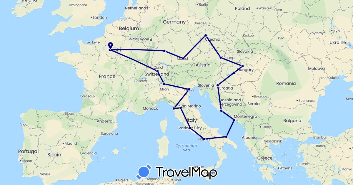 TravelMap itinerary: driving in Austria, Switzerland, Czech Republic, Germany, France, Croatia, Hungary, Italy (Europe)